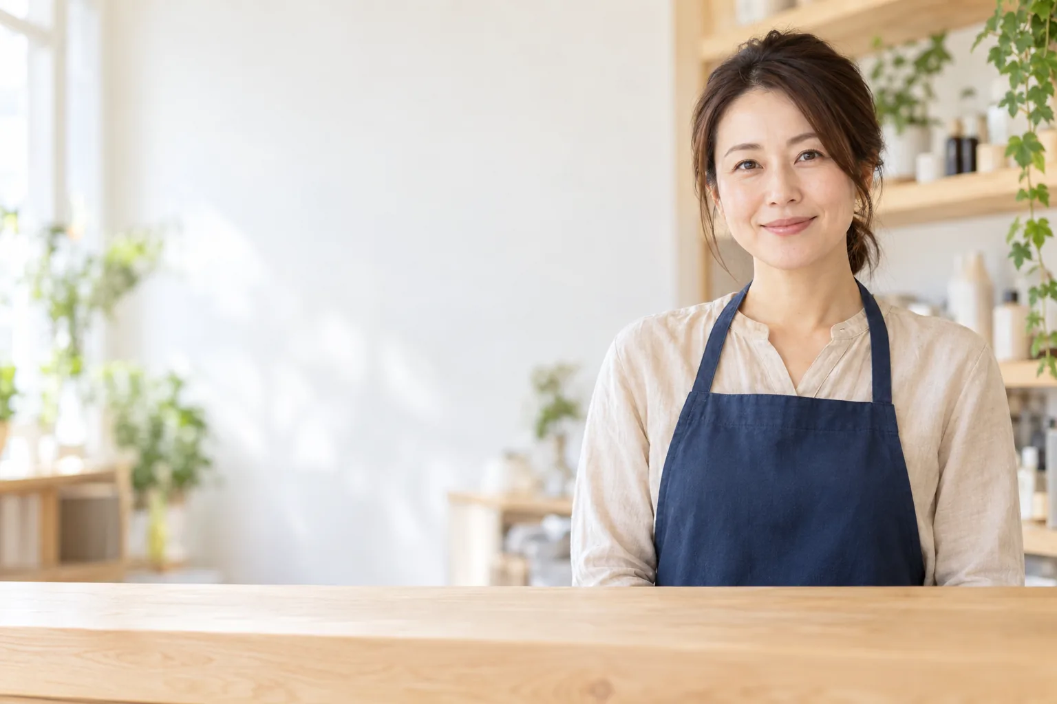 明るい店内で微笑む、店舗のオーナー