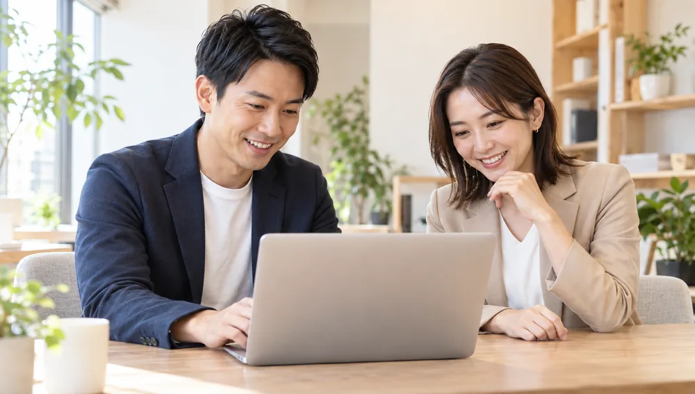 ノートパソコンを一緒に見るマーケティング会社の2人