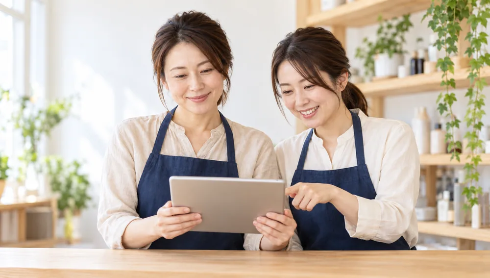 タブレットで予約を確認する店舗のスタッフ